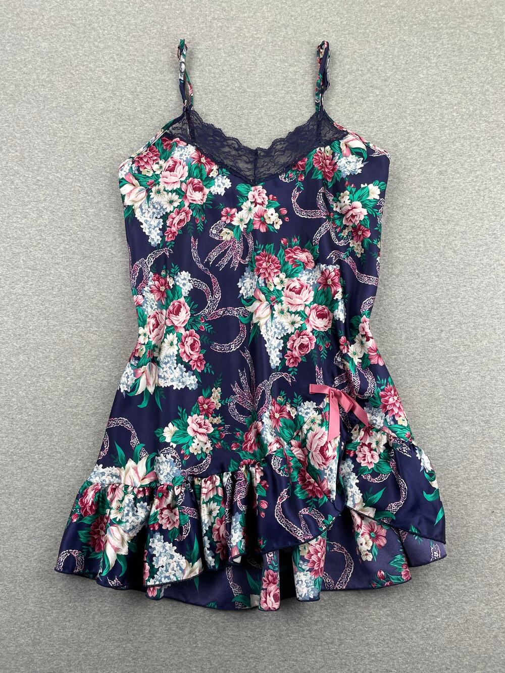 VTG 90s Y2K Floral Satin Slip Dress S Navy Blue Pink Ruffle Lace Fairy Coquette